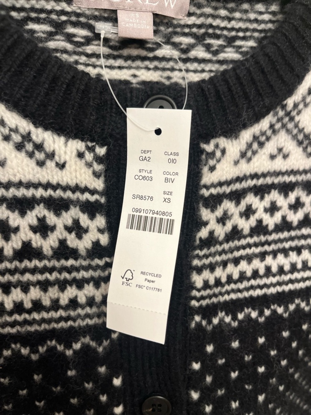 NWT $178 J. Crew Fair Isle Cardigan 100% Lambs Wool Women's Size XS Black Ivory - Picture 4 of 9